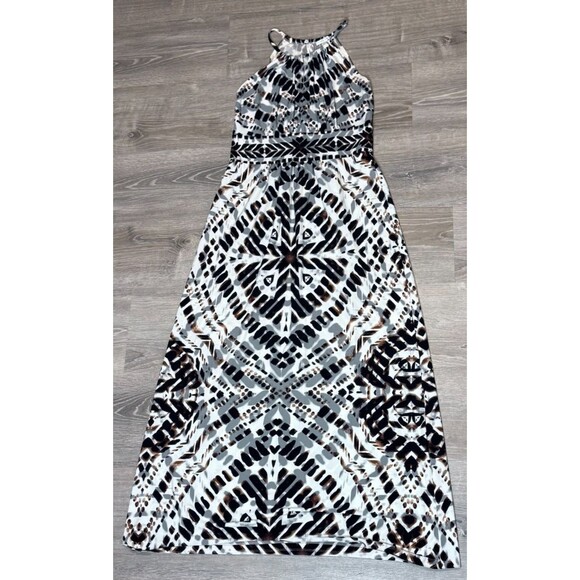 London Times Boho Maxi Dress 14 XL Tribal Cream Gray Sleeveless Stretch Coastal - Picture 1 of 9
